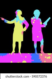 Engineer women detailed construction site worker silhouettes illustration mosaic color paint splashes background vector