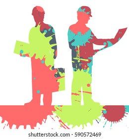 Engineer women detailed construction site worker silhouettes illustration mosaic color paint splashes background vector