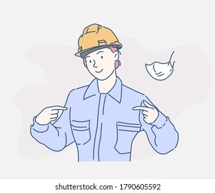 Las mujeres ingenieras se ven confiadas y apuntan con los dedos orgullosas y felices. Dibujado a mano en estilo de línea delgada, ilustraciones vectoriales. (Una máscara puede ser extraíble)