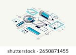 Engineer at work concept, engineering job, paper document blueprint engineering vector 3D isometric illustration, abstract draft drawing, cad technical plan.