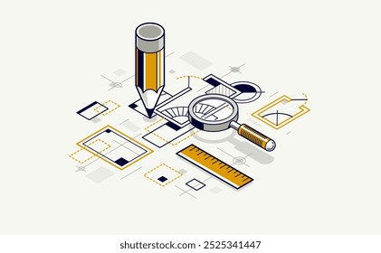 Engineer at work concept, engineering job, paper document blueprint engineering vector 3D isometric illustration, abstract draft drawing, cad technical plan.