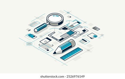 Engineer at work concept, engineering job, paper document blueprint engineering vector 3D isometric illustration, abstract draft drawing, cad technical plan.