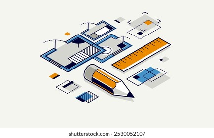 Engineer at work concept, engineering job, paper document blueprint engineering vector 3D isometric illustration, abstract draft drawing, cad technical plan.