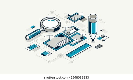 Engineer at work concept, engineering job, paper document blueprint engineering vector 3D isometric illustration, abstract draft drawing, cad technical plan.