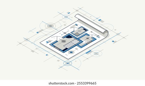 Engineer at work concept, engineering job, paper document blueprint engineering vector 3D isometric illustration, abstract draft drawing, cad technical plan.