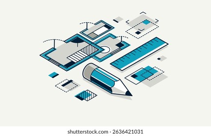 Engineer at work concept, engineering job, paper document blueprint engineering vector 3D isometric illustration, abstract draft drawing, cad technical plan.