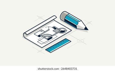 Engineer at work concept, engineering job, paper document blueprint engineering vector 3D isometric illustration, abstract draft drawing, cad technical plan.