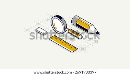 Engineer at work concept, engineering job, paper document blueprint engineering vector 3D isometric illustration, abstract draft drawing, cad technical plan.