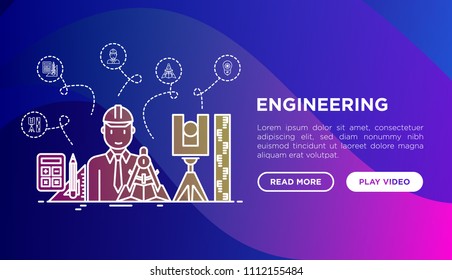 Engineer at work concept with thin line icons: electronics, calculations, tools, repair, idea, it server. Modern vector illustration, web page template on gradient background.