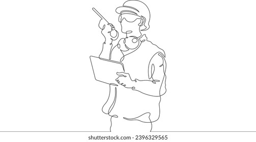 Engineer at work at a construction site. Engineer in a helmet. Construction. One continuous line drawing. Linear. Hand drawn, white background. One line.