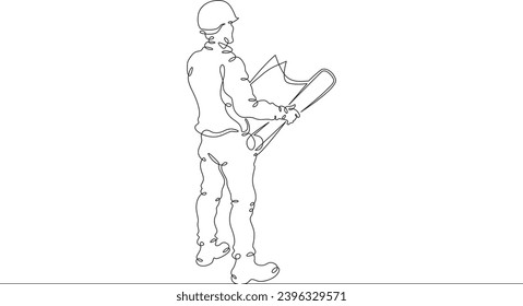 Engineer at work at a construction site. Engineer in a helmet. Construction. One continuous line drawing. Linear. Hand drawn, white background. One line.