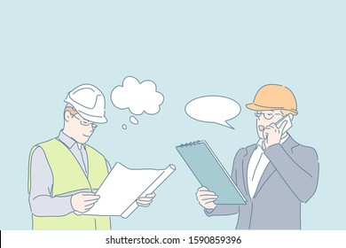 Engineer work, project discussion, planning concept. Building, constructing business, businessman and worker in helmets, men in suit and work clothes, people and speech clouds. Simple flat vector