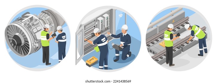 Trabajos de ingeniería Aeronaves de ferrocarril e Inspector y mantenimiento eléctricos isométricos para la industria y los símbolos de construcción fondo blanco aislado