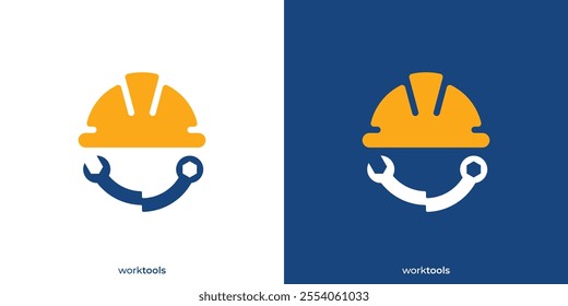 Engineer Work Tools Logo. Construction Helmet and Wrench Icon Graphic. Engineering Logo Design Template.