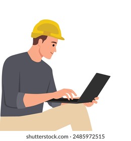 Engineer in Work Uniform Using Laptop Computer with Spreadsheet Software. Flat vector illustration isolated on white background