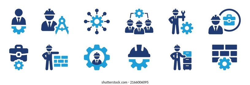 Engineer work vector icon set. Maintenance by technician and construction worker symbol concept.