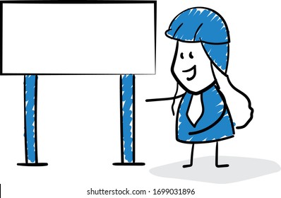 Engineer worker and blank signage. 
Girl hand drawn doodle line art cartoon design character - isolated vector illustration outline of woman.