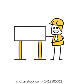 engineer worker and blank signage icon stick figure yellow theme