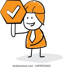 Engineer worker and check mark signature. 
Boy hand drawn doodle line art cartoon design character - isolated vector illustration outline of man.