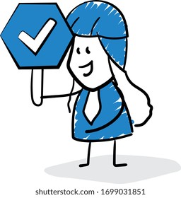 Engineer worker and check mark signature. 
Girl hand drawn doodle line art cartoon design character - isolated vector illustration outline of woman.