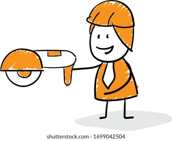 Engineer worker holding driller cutter  . 
Boy hand drawn doodle line art cartoon design character - isolated vector illustration outline of man.