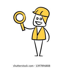engineer and worker holding magnifier glass yellow doodle design