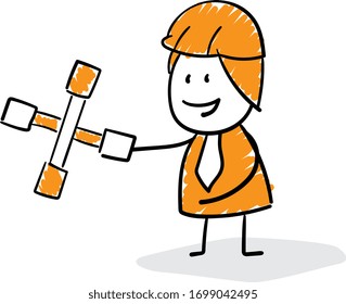 Engineer worker holding wrench tool . 
Boy hand drawn doodle line art cartoon design character - isolated vector illustration outline of man.