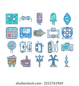 ingenieurarbeiter industrie doodle-symbole set vektor. Skizze Linie Kunst Techniker Arbeit, Wartung elektrische, Elektriker-Technologie, Energie-Computer-Ingenieur Arbeiter Industrie Farbe Illustrationen