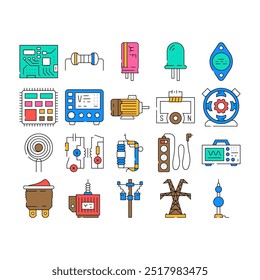 trabalho de engenharia industrial ícones definir vetor. trabalho de técnico, manutenção elétrica, tecnologia de eletricista, energia engenharia de computador trabalhador indústria cor do contorno Ilustrações