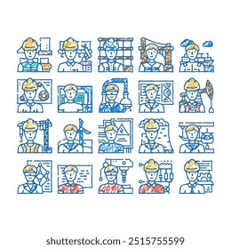 engineer worker man construction doodle icons set vector. sketch line art helmet professional, work person, industry builder, people job, architect business worker man construction color illustrations