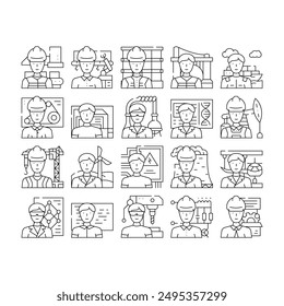 engineer worker man construction icons set vector. helmet professional, work person, industry builder, people job, architect business engineer worker man construction black contour illustrations