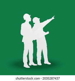 Engineer And Worker Man Cut Out Of Paper On Green Background, Paper Cut Style. Vector Illustration