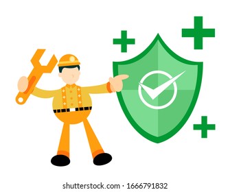 El trabajador tiene una llave y apunta hacia el escudo verde. el objeto de la imagen está aislado en un fondo blanco. bueno para los iconos para la seguridad cibernética