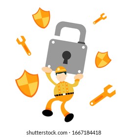 engineer worker miner and security protection padlock cartoon doodle flat design style vector illustration