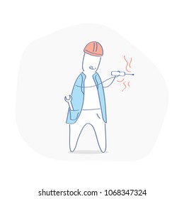 Engineer, worker, repairman, handyman, contractor is working, fixing problem. Construction, building, repair, engineering concept. Flat cartoon outline vector illustration.