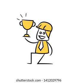 engineer worker showing trophy icon stick figure yellow theme