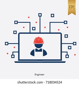 Engineer Worker Sign and Computer Symbol Flat Vector Graphic 