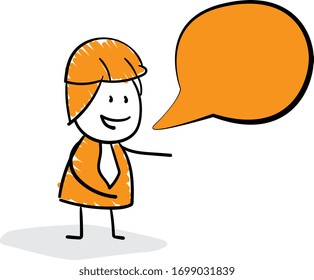 Engineer worker and speech bubble . 
Boy hand drawn doodle line art cartoon design character - isolated vector illustration outline of man.