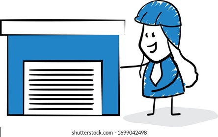 Engineer worker standing next to warehouse. 
Girl hand drawn doodle line art cartoon design character - isolated vector illustration outline of woman.