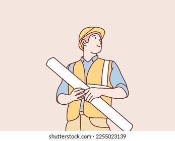 Ingenieur-Arbeiter mit Sicherheitshelm-Haltepapier-Plan einfache koreanische Illustration