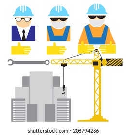 Engineer and workers building scene flat desing