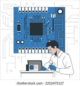 Ingeniero trabajando con circuitos. Un ingeniero mecánico dispara circuitos sentados en una mesa y una gran barra de circuitos impresos. Fábrica de producción de microchips. Chica reparando dispositivo electrónico en la placa de circuito.