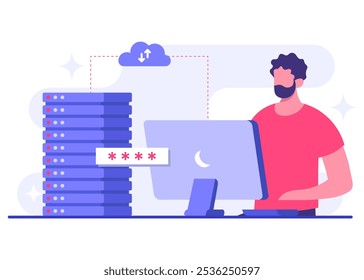 Ingeniero que trabaja con la computación en la nube y el servicio de base de datos, sincronizar datos, compartir archivos de forma segura, Cargar y archivos de Descarga en el servidor en la nube, copia de seguridad de datos, almacenamiento en la nube en línea