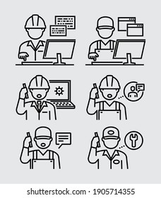 Engineer Working at Computer Talking on his Mobile Phone Vector Line Icon