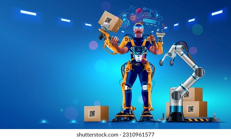 Engineer is working in futuristic bionic exoskeleton and picking up boxes on factory. Robotic exosuit on worker in warehouse. Sci-fi concept exoskeleton suit. Future technology of delivery, logistic.