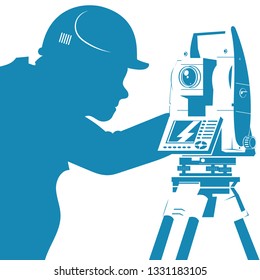 Engineer working with geodetic total station silhouette