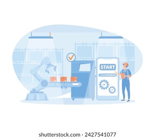  Engineer working with interactive interface. Smart industry, innovative manufacturing. flat vector modern illustration 