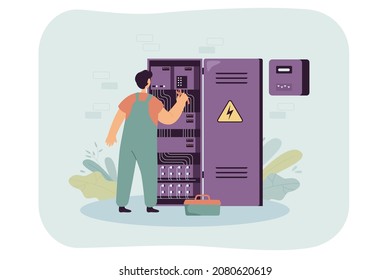 Engineer working at main-electrical breaker. Electrician man fixing or circuiting power cable at electric meter or counter panel flat vector illustration. Switch board, service technician concept