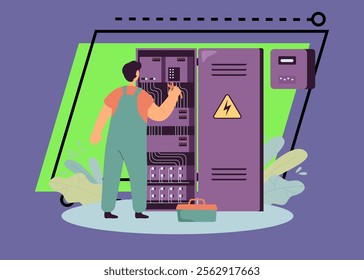 Engineer working at main-electrical breaker. Electrician man fixing or circuiting power cable at electric meter or counter panel flat vector illustration. Switch board, service technician concept