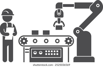 Engineer working on automatic assembly line. Factory conveyor